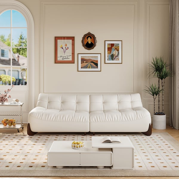 102" Modern White Leather Upholstered 3-Seater Sofa with Walnut Legs