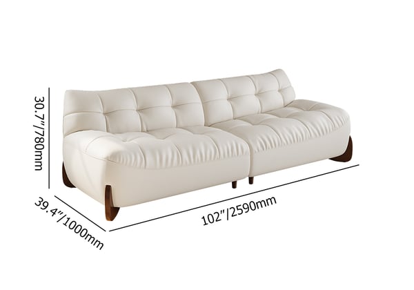 Canapé 3 places moderne rembourré en cuir blanc de 102 po avec pieds en noyer