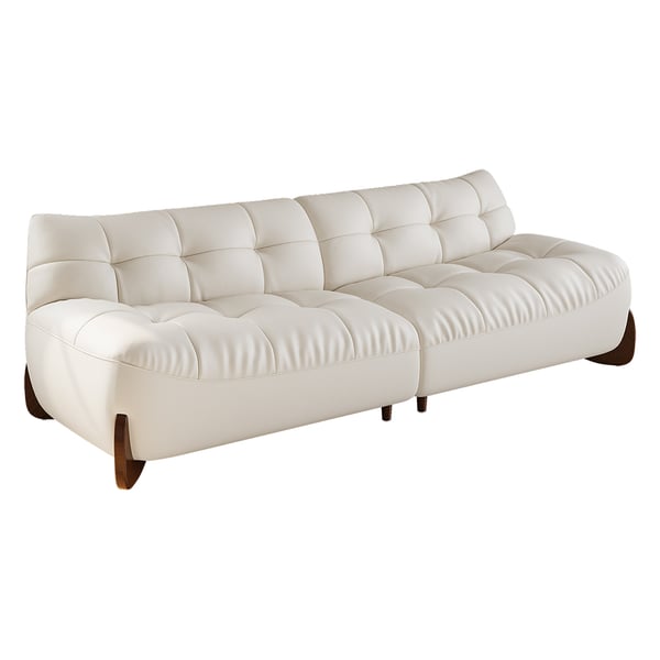 102" Modern White Leather Upholstered 3-Seater Sofa with Walnut Legs