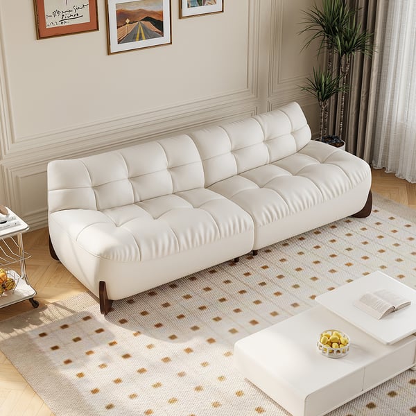 102" Modern White Leather Upholstered 3-Seater Sofa with Walnut Legs