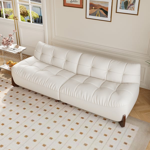 102" Modern White Leather Upholstered 3-Seater Sofa with Walnut Legs