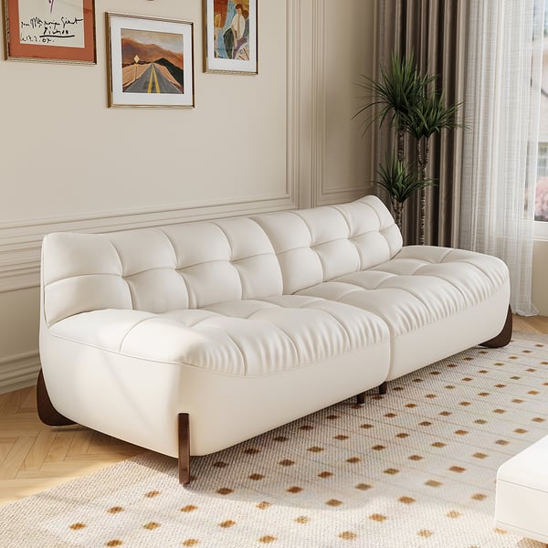 102" Modern White Leather Upholstered 3-Seater Sofa with Walnut Legs