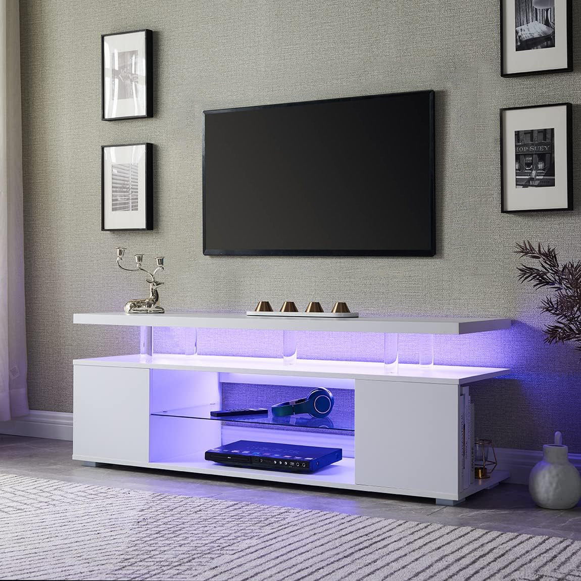 Meuble TV pour TV 70 pouces LED Centre de divertissement de jeu Table de console de stockage multimédia avec grande armoire latérale pour salon Blanc