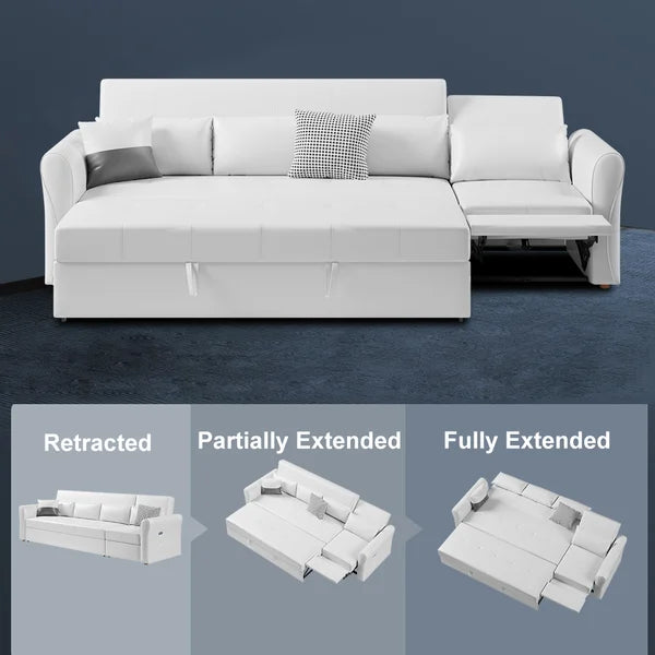 109" Power Reclining Sleeper Sofa Bed Convertible White Leath-Aire Tufted Upholstered