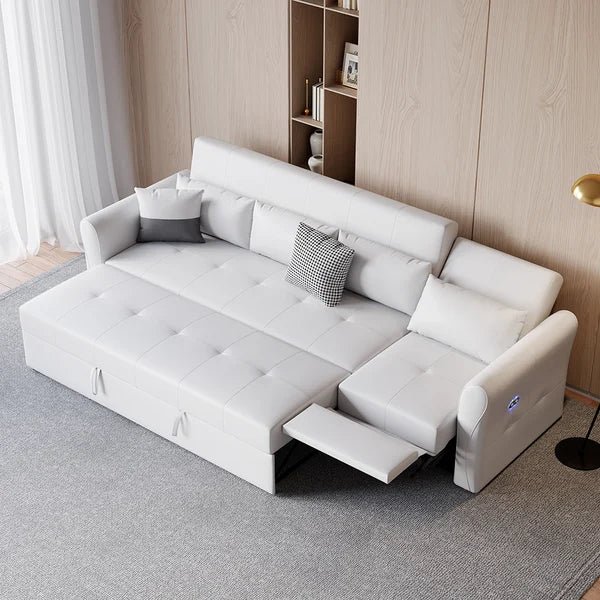 109" Power Reclining Sleeper Sofa Bed Convertible White Leath-Aire Tufted Upholstered