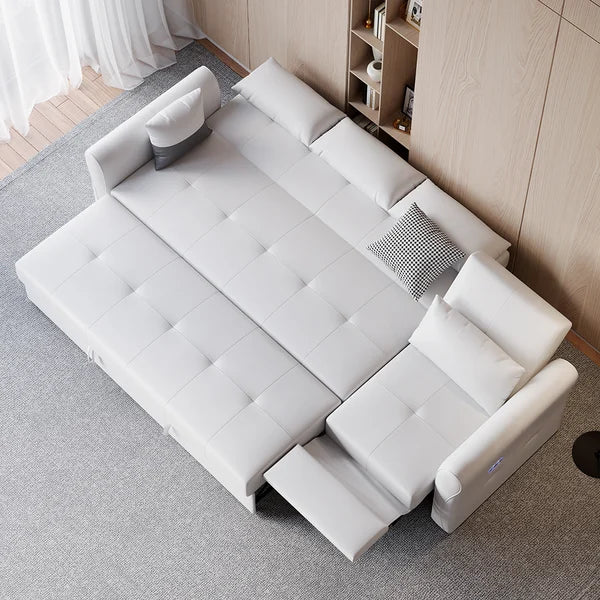 109" Power Reclining Sleeper Sofa Bed Convertible White Leath-Aire Tufted Upholstered