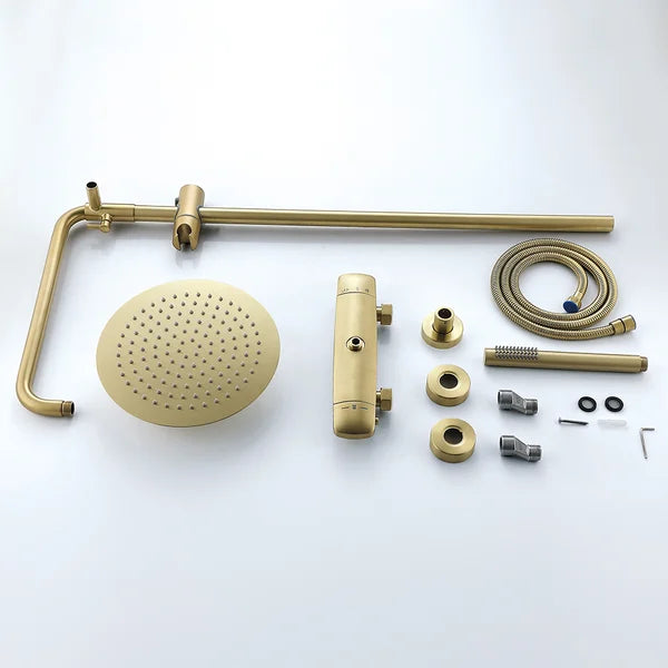 10" Modern Luxury Exposed Shower Fixture Thermostatic Rainfall Shower Head Brushed Gold