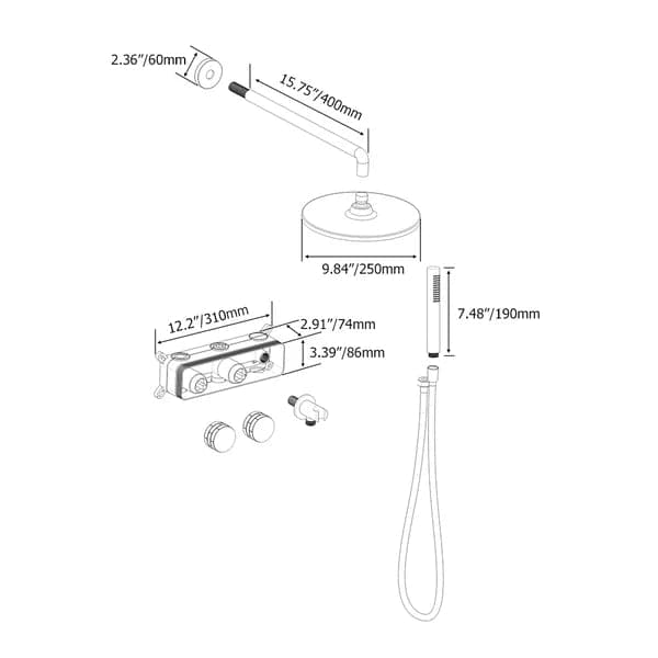 10" Wall-Mounted Round Black Shower System 2-Function with Hand Shower