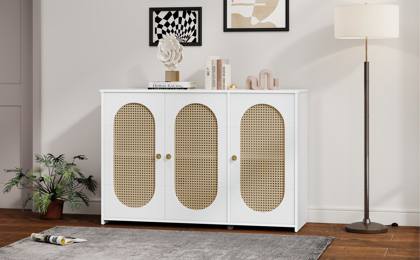 TREXM Retro 3-Door Sideboard with Large Storage Space Artificial Rattan Doors and Metal Handles, Accent Cabinet for Living Room and Hallway (White)