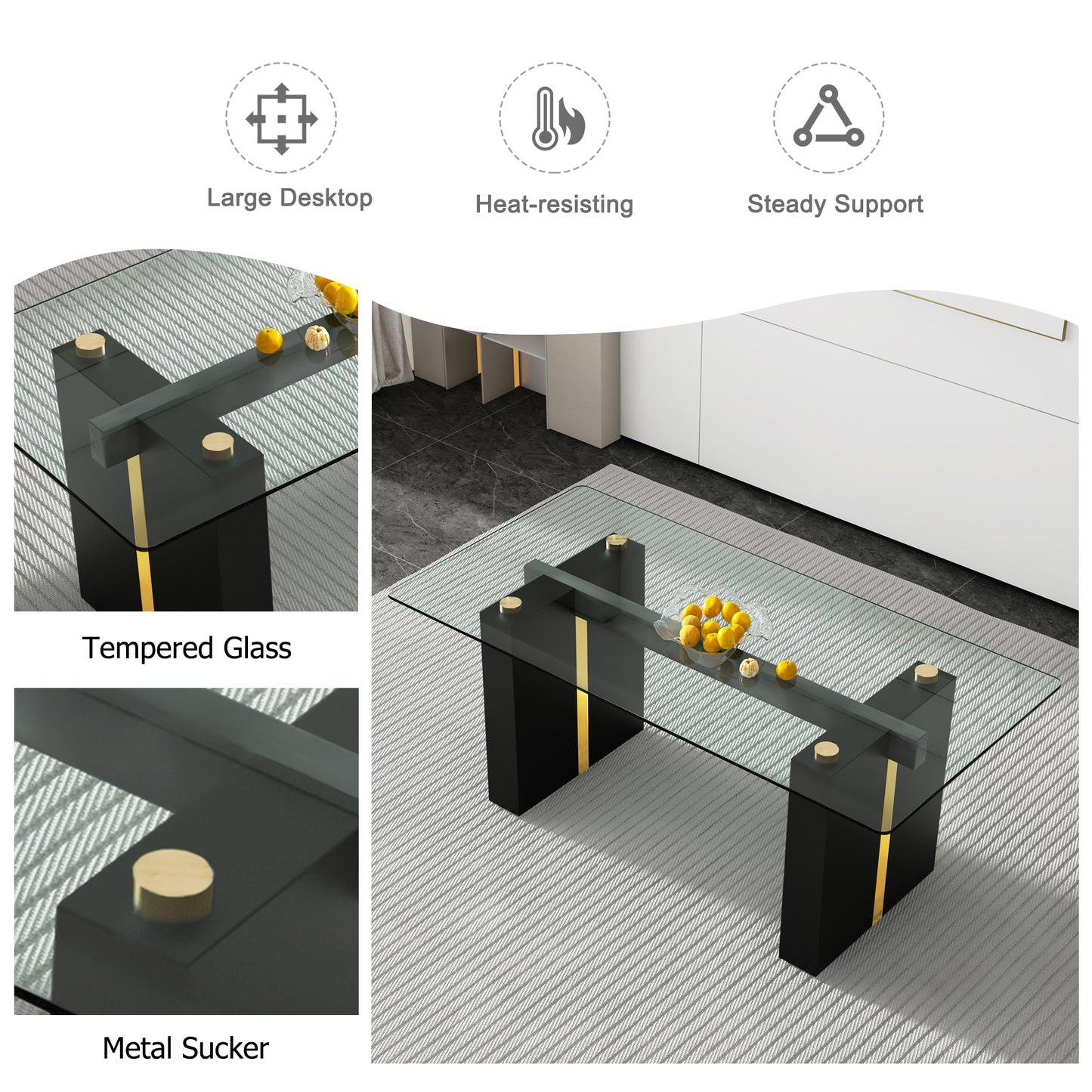 Large Modern Rectangular Glass Dining Table with Sturdy MDF Legs - Accommodates 6-8 People with 0.39-Inch Tempered Glass Top