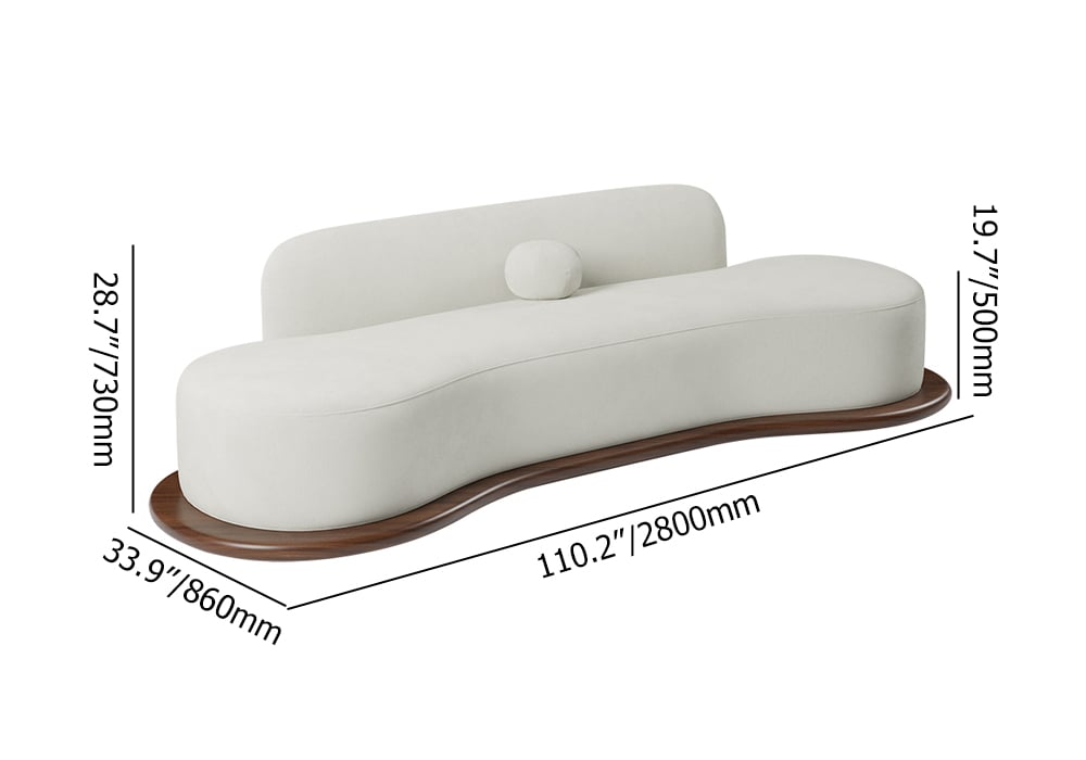 110" Modern White Velvet 5 Seaters Curved Sofa with Low Back Wooden Base