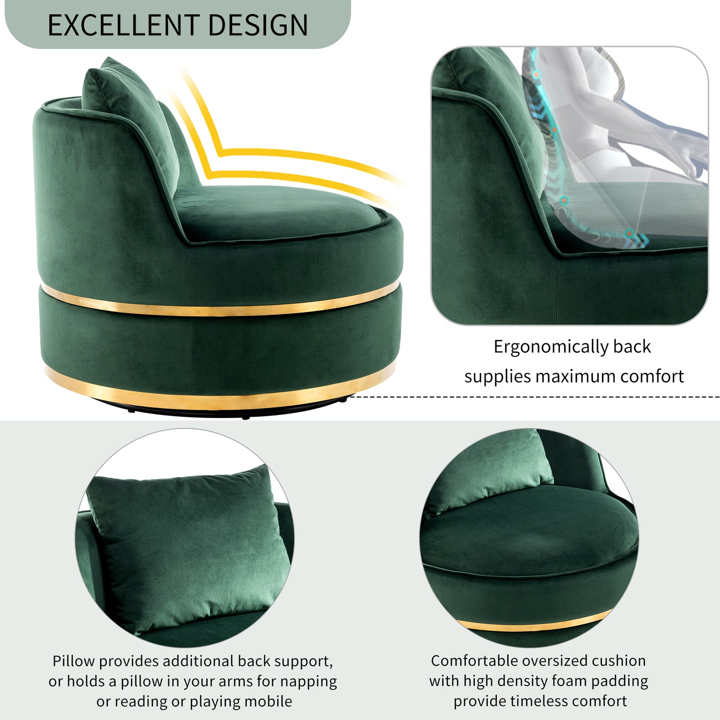 360 Degree Swivel Accent Chair Velvet Modern Upholstered Barrel Chair Over-Sized Soft Chair with Seat Cushion for Living Room, Bedroom, Office, Apartment, Green