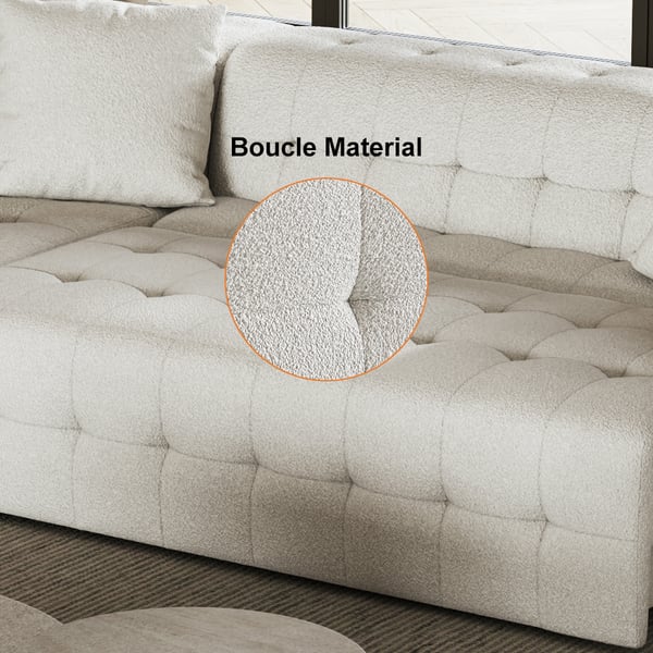 Canapé sectionnel entièrement convertible en tissu bouclé capitonné blanc de 112,2 po avec 3 oreillers