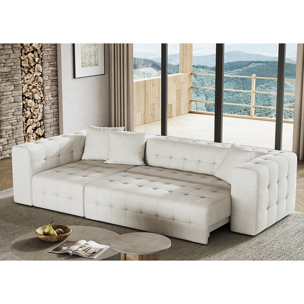 112.2" White Tufted Boucle Full Convertible Power Sleeper Sectional Sofa with 3 Pillows