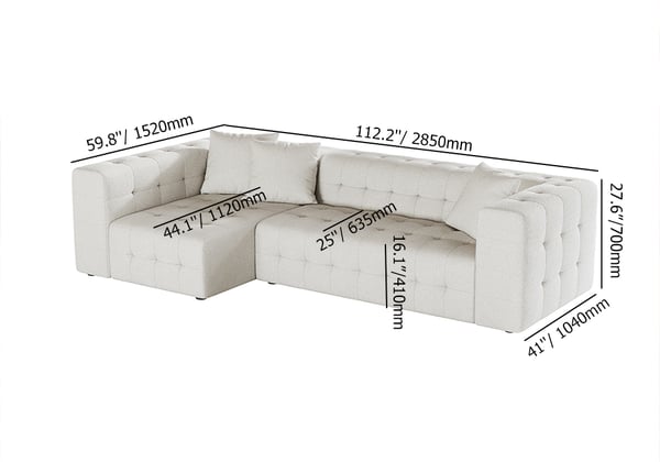 Canapé sectionnel entièrement convertible en tissu bouclé capitonné blanc de 112,2 po avec 3 oreillers