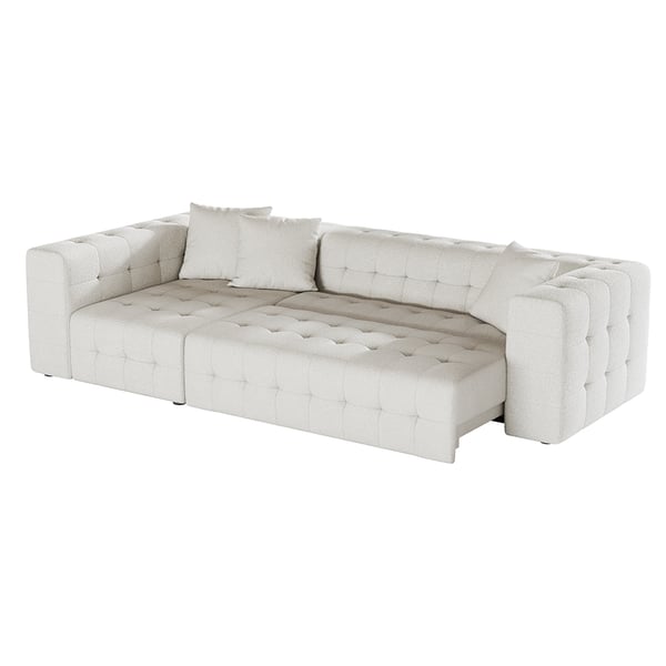 Canapé sectionnel entièrement convertible en tissu bouclé capitonné blanc de 112,2 po avec 3 oreillers