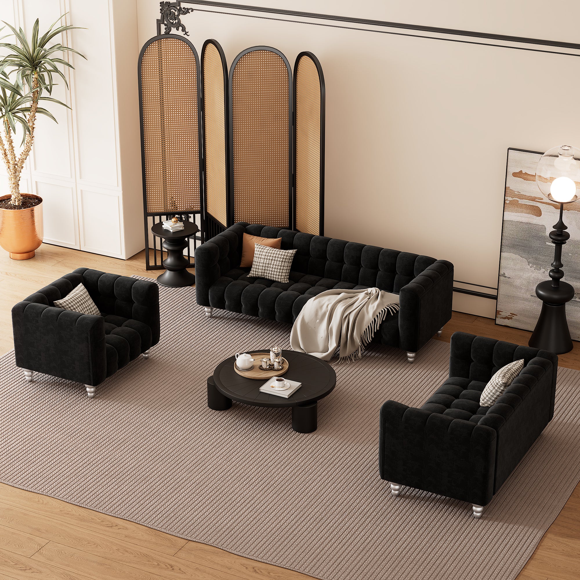 Modern 3-piece sofa set with solid wood legs, buttoned tufted backrest, Dutch fleece upholstered sofa set including three-seater sofa, double seat and living room furniture set single chair, black