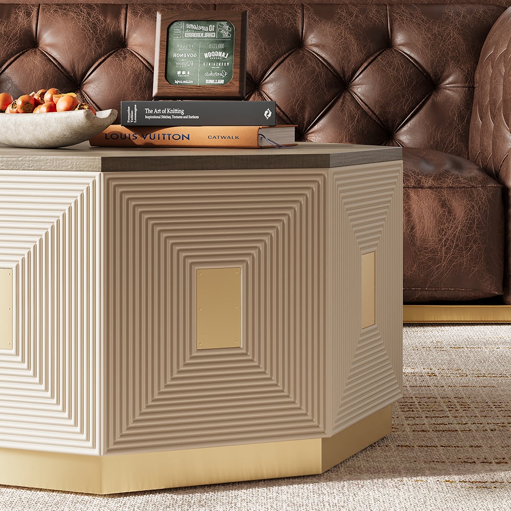 Mid Century Modern Block Coffee Table in Light Gray & Champagne with Octagonal Tabletop