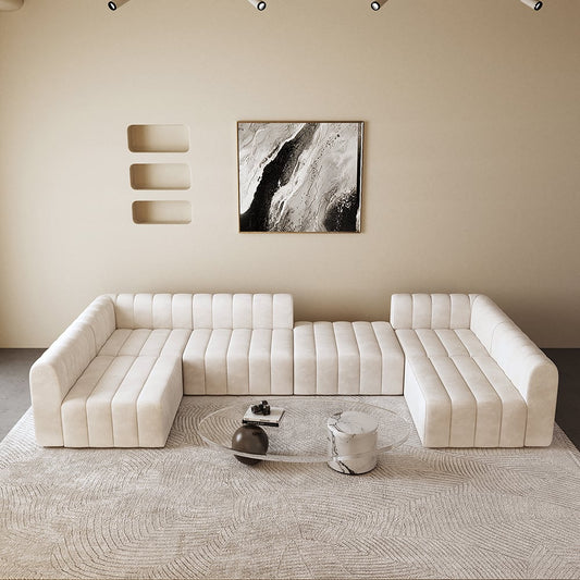 118.9" Off White Velvet Modular Pit Sectional Sofa Set Convertible 6-Seater Upholstered