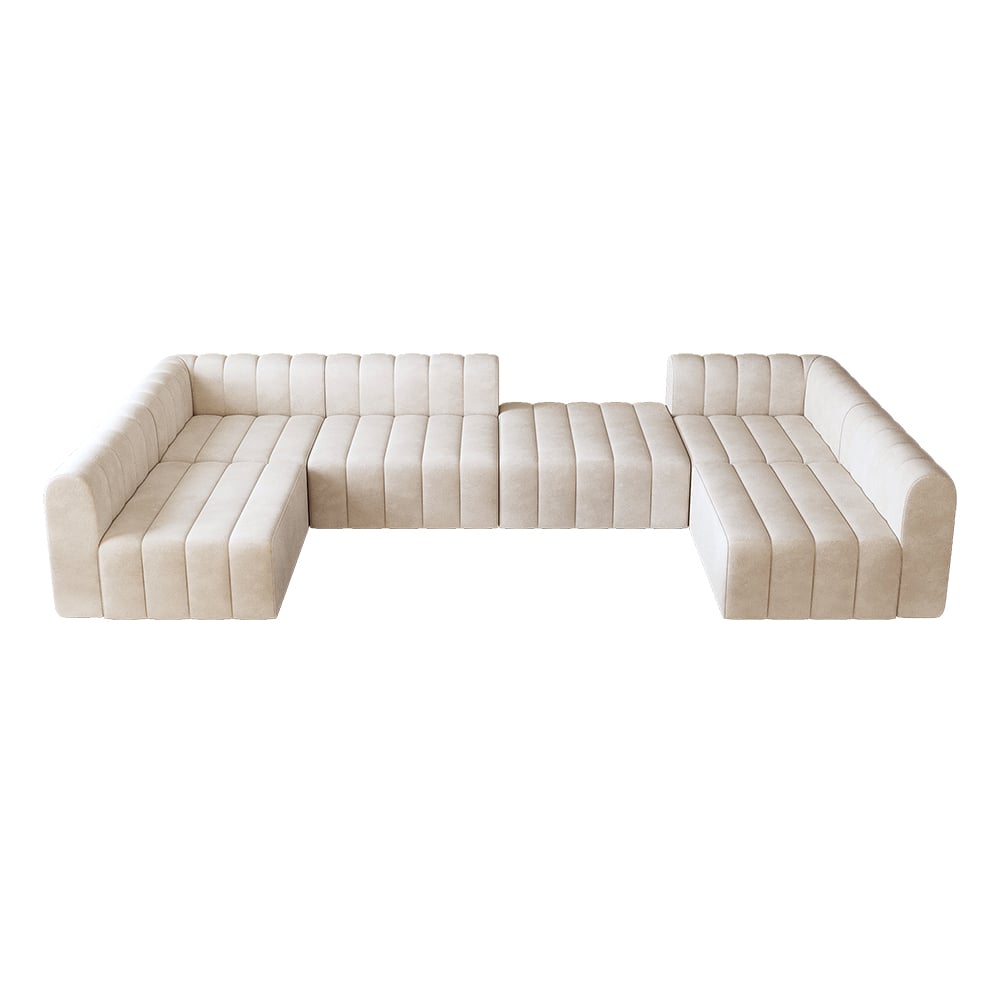 118.9" Off White Velvet Modular Pit Sectional Sofa Set Convertible 6-Seater Upholstered