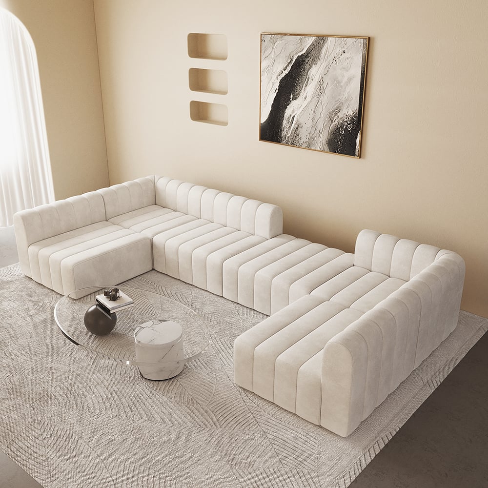 118.9" Off White Velvet Modular Pit Sectional Sofa Set Convertible 6-Seater Upholstered