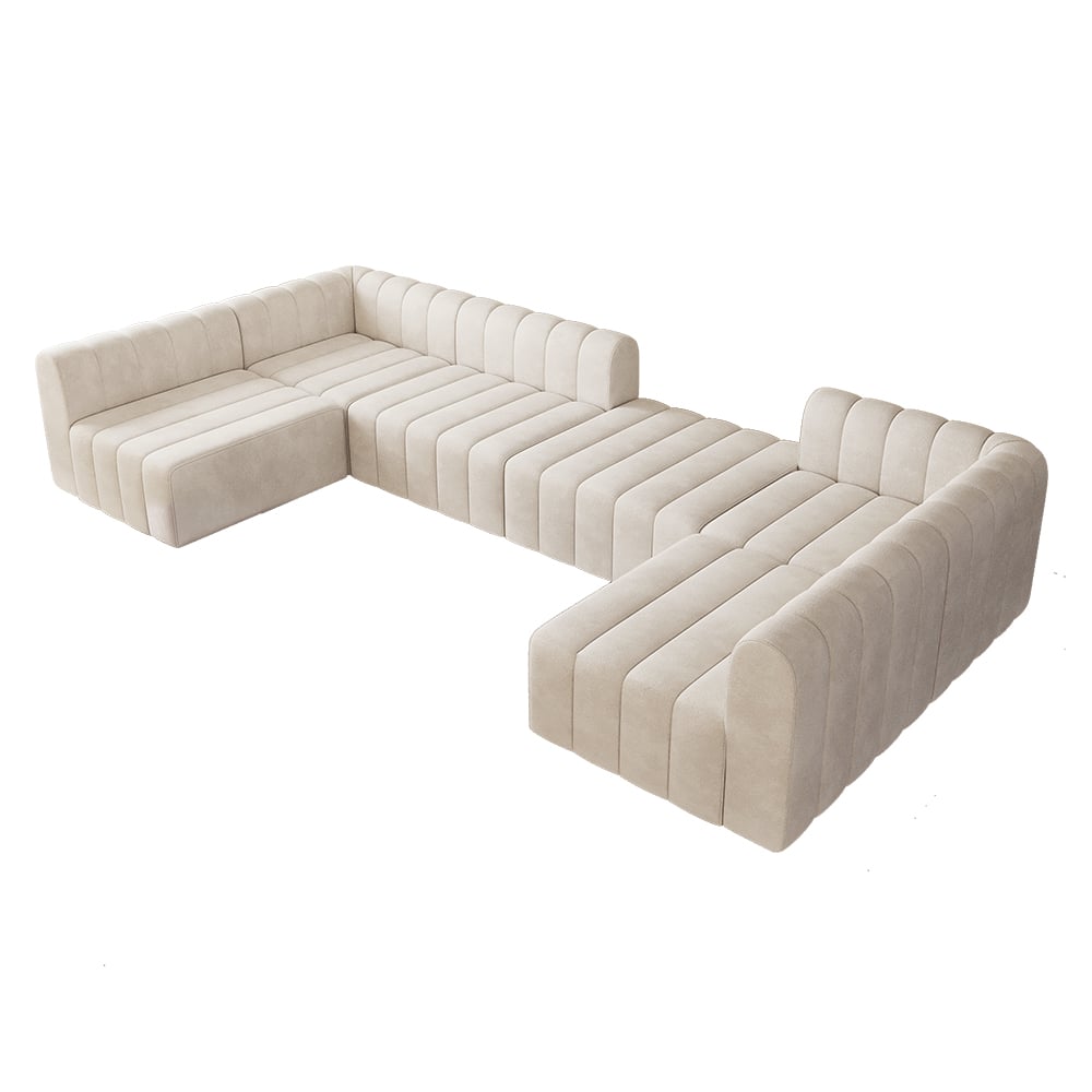 118.9" Off White Velvet Modular Pit Sectional Sofa Set Convertible 6-Seater Upholstered