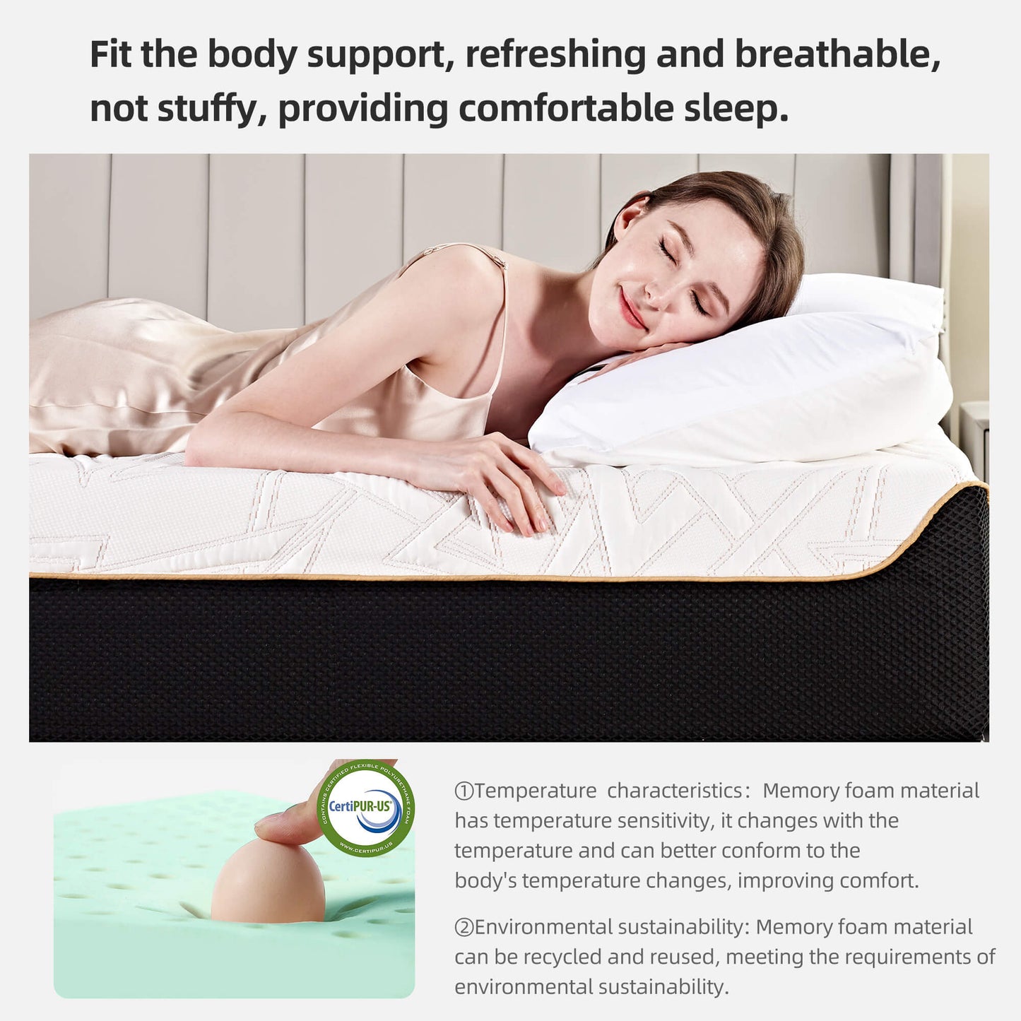 Matelas triple couche en mousse à mémoire de forme rafraîchissant et respirant avec tissu en soie glacée – Restez frais et confortable tout l'été.