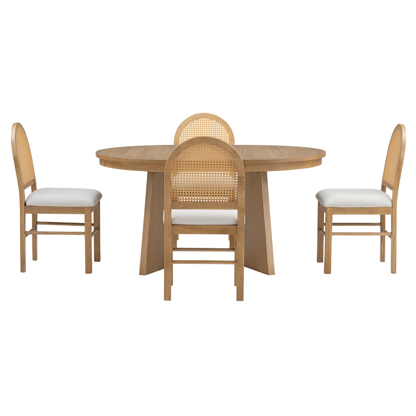 TREXM 5-Piece Retro Functional Dining Set with 1 Extendable Dining Table and 4 Upholstered Chairs with Rattan Backrests for Dining Room and Kitchen (Natural Wood Wash)