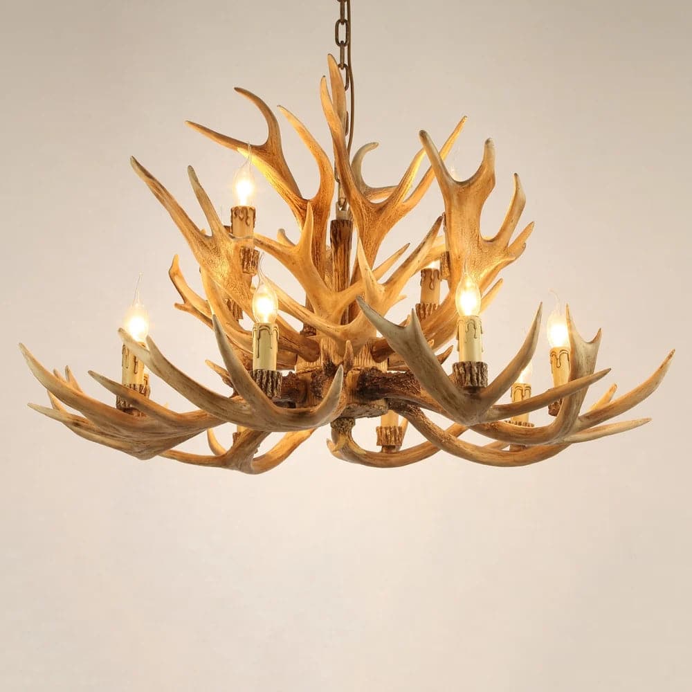 Lustre rustique à plusieurs niveaux en bois de cerf, 12 lumières, plafonnier en cascade en résine