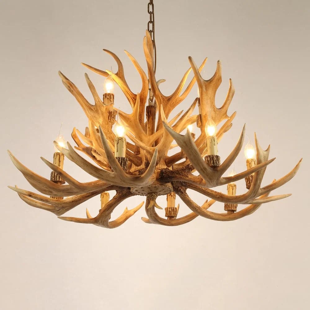 Lustre rustique à plusieurs niveaux en bois de cerf, 12 lumières, plafonnier en cascade en résine