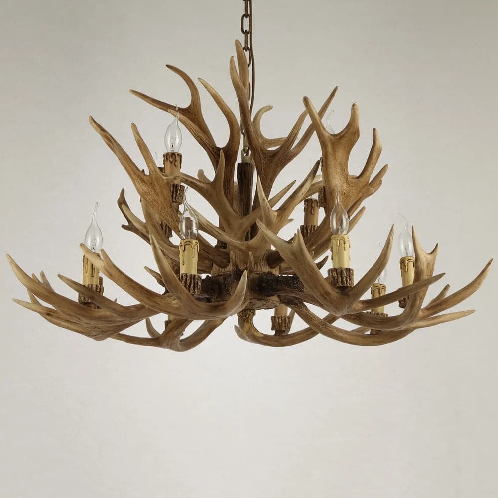 Lustre rustique à plusieurs niveaux en bois de cerf, 12 lumières, plafonnier en cascade en résine