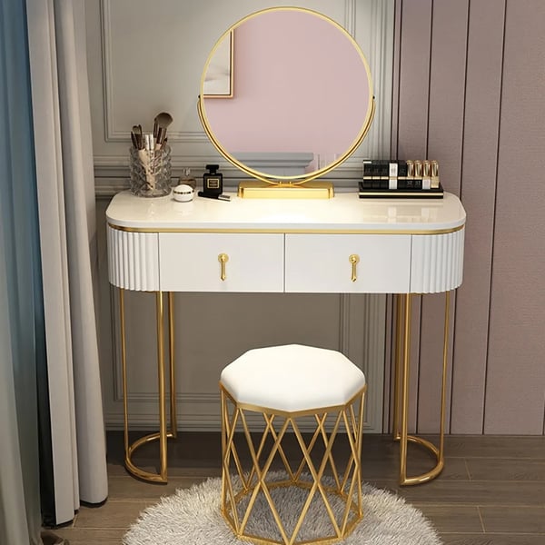 Modern White Oval Glossy Makeup Vanity with 2 Drawers & Rotatable Mirror & Stool