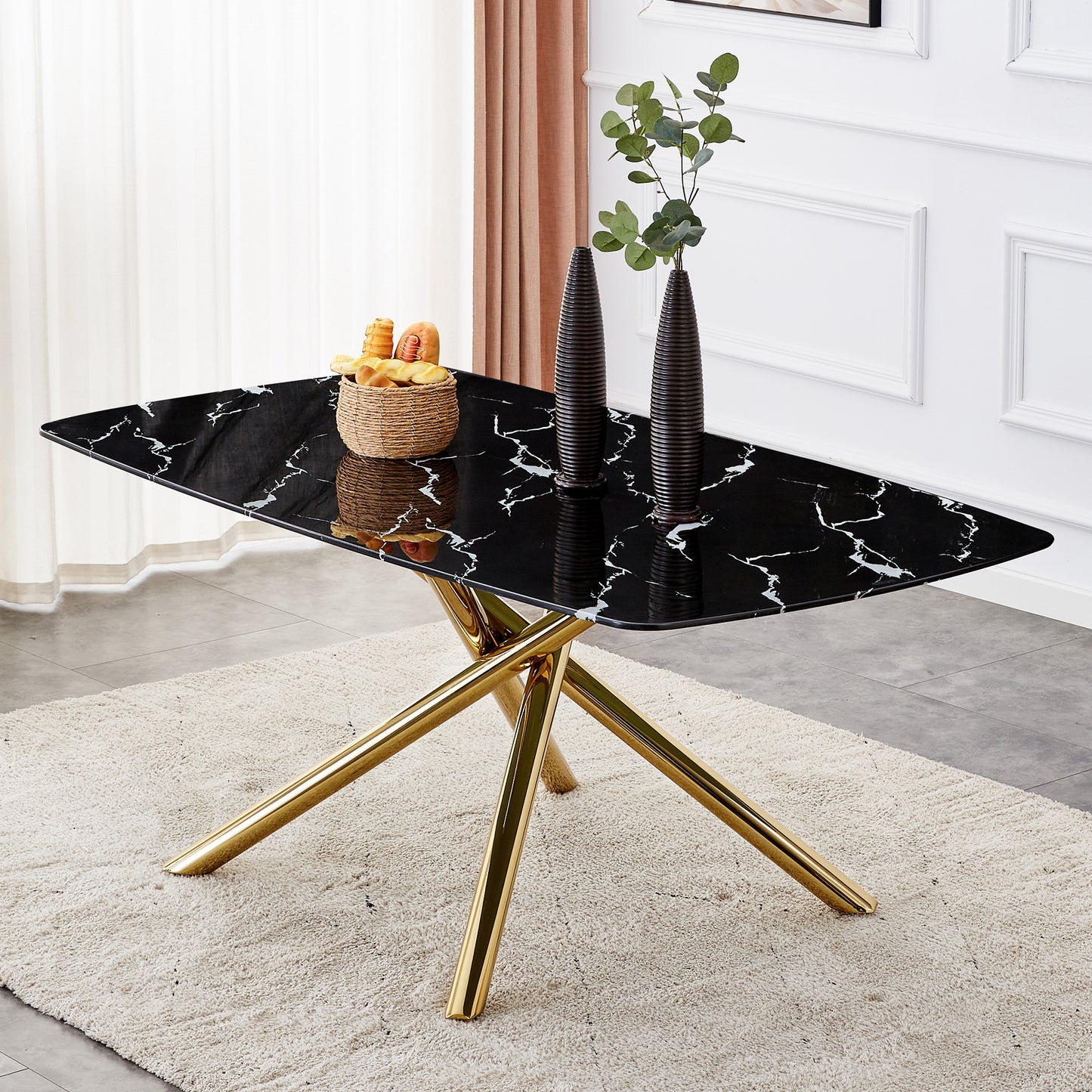 Contemporary Large Dining Table with Black Imitation Marble Top - 0.39" Thick Design with Golden Metal Legs, Perfect for Dining Rooms