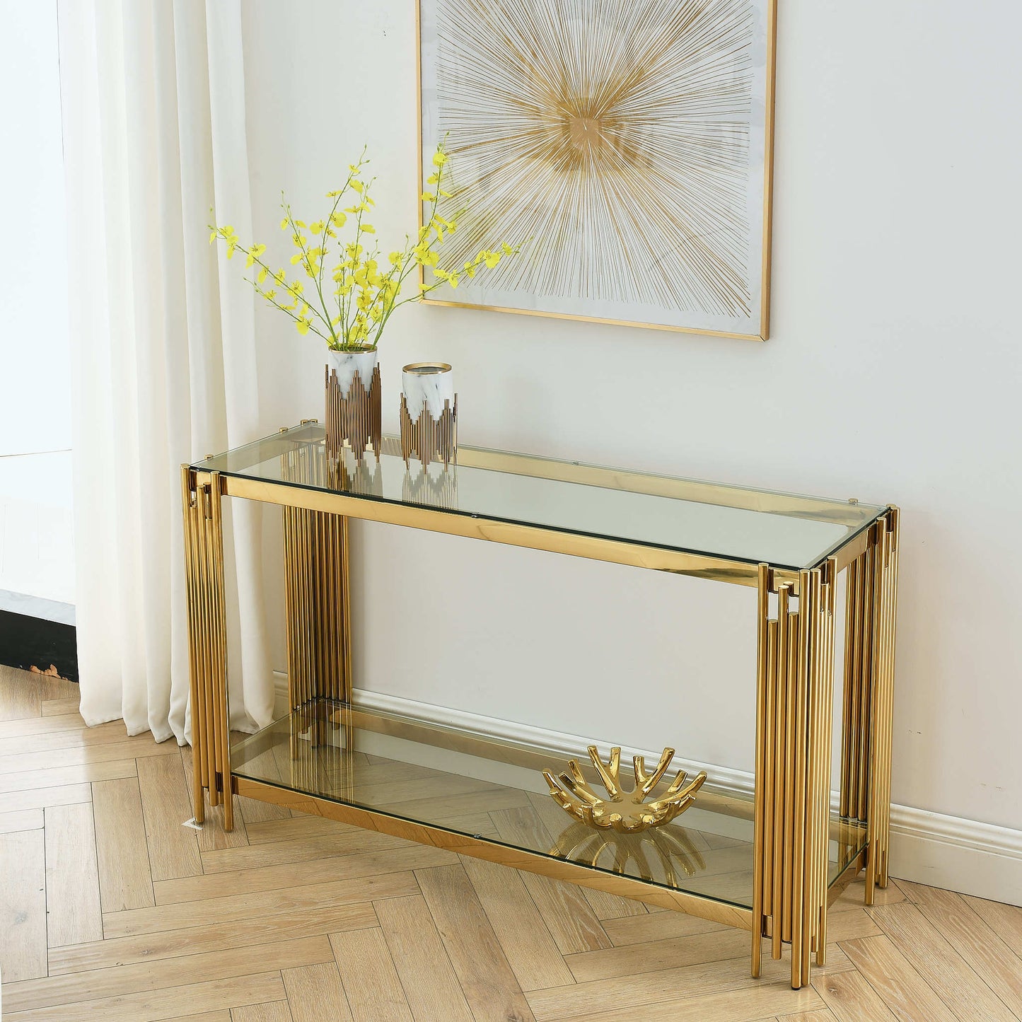 Modern Glass Console Table, 55" Gold Sofa Table with Sturdy Metal Frame and Clear Tempered Glass Top, for Living Room Entryway Bedroom, Gold Finish