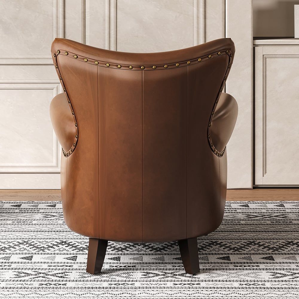 Midcentury Modern Brown Accent Chair Upholstered in Waxy Leather Solid Wood Frame