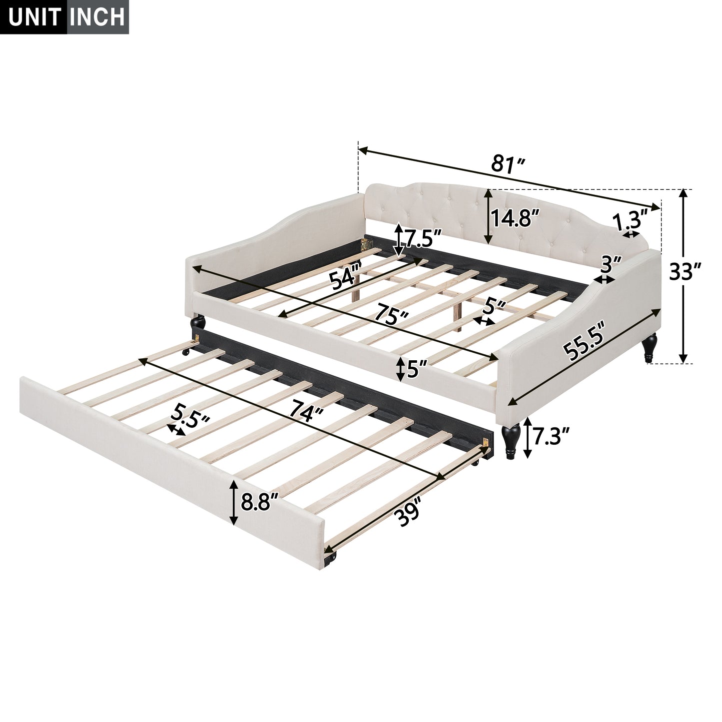 Lit de repos capitonné pleine taille avec lit gigogne simple, beige