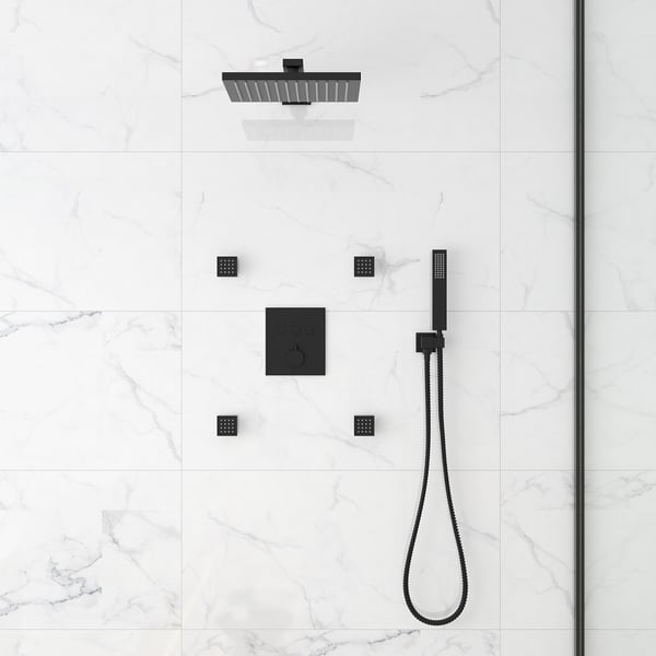 Système de douche thermostatique 12'', pomme de douche noire avec 4 jets corporels et douchette à main