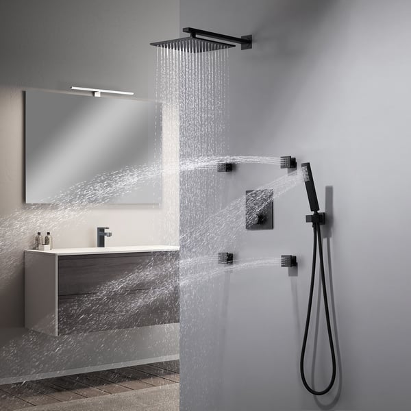 12'' Thermostatic Shower System Black Shower Head with 4 Body Jets and Hand Shower
