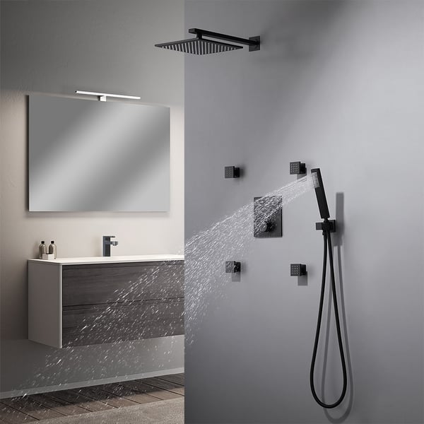 12'' Thermostatic Shower System Black Shower Head with 4 Body Jets and Hand Shower