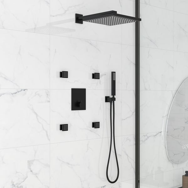 12'' Thermostatic Shower System Black Shower Head with 4 Body Jets and Hand Shower