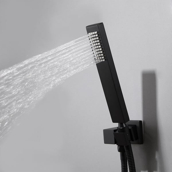 Système de douche thermostatique 12'', pomme de douche noire avec 4 jets corporels et douchette à main