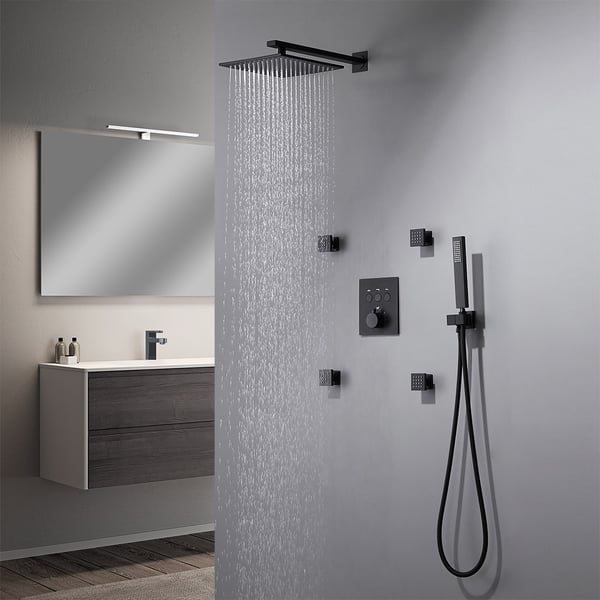 12'' Thermostatic Shower System Black Shower Head with 4 Body Jets and Hand Shower