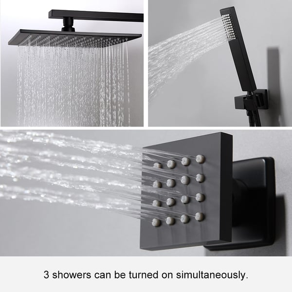 12'' Thermostatic Shower System Black Shower Head with 4 Body Jets and Hand Shower