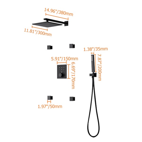 Système de douche thermostatique 12'', pomme de douche noire avec 4 jets corporels et douchette à main