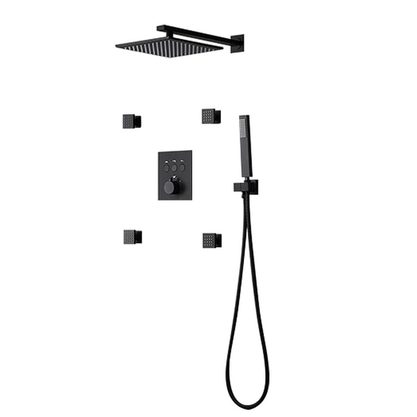 12'' Thermostatic Shower System Black Shower Head with 4 Body Jets and Hand Shower