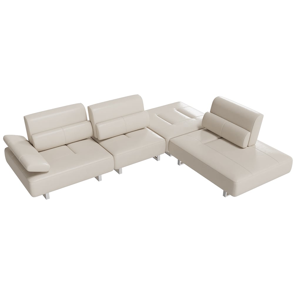 134.6" White Leather Lounge Deep Seat Sectional Sofa with Adjustable Armrest & Backrest