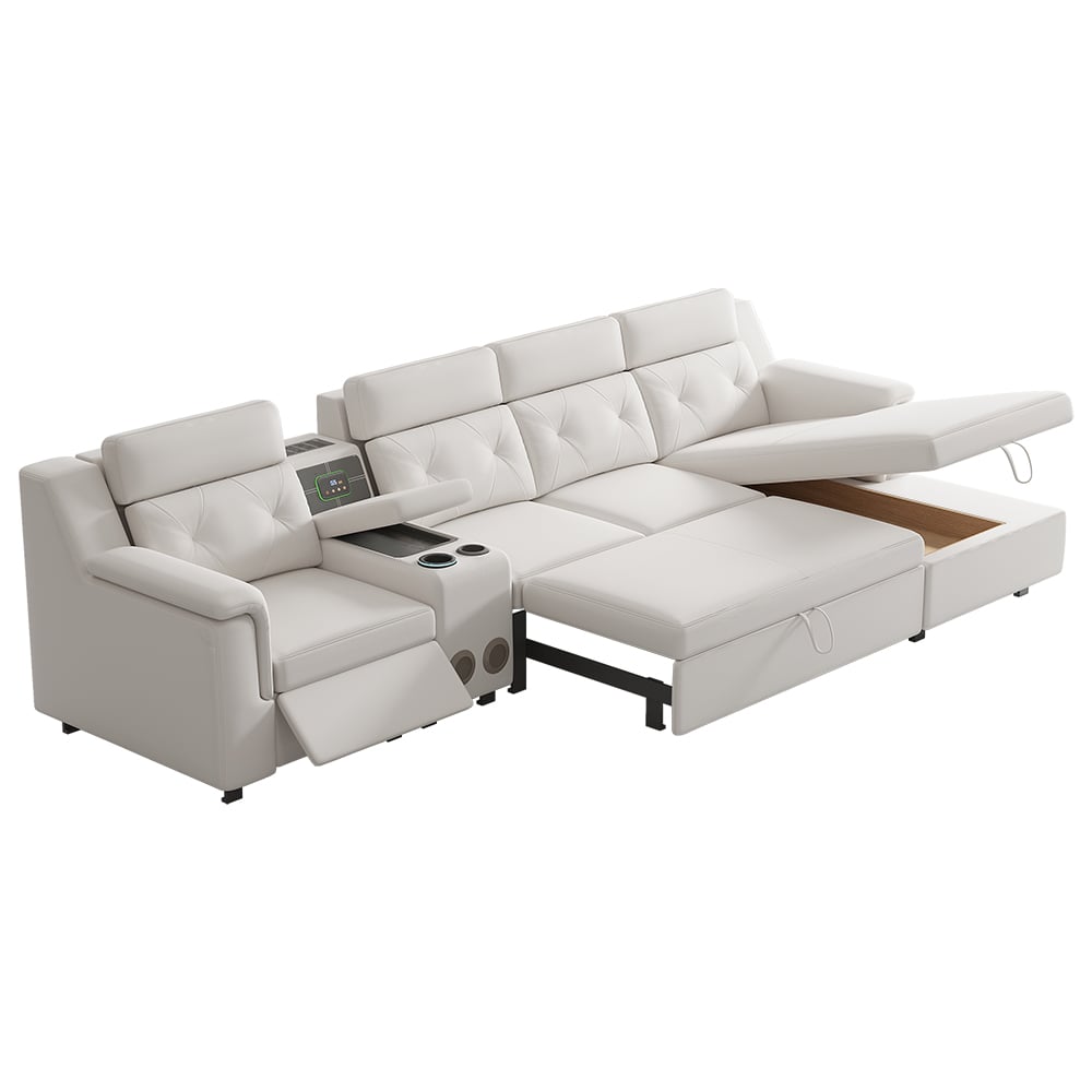 134.6" White Power Reclining Sectional Sofa Pull Out Bed Cup Holder & Speaker & Storage