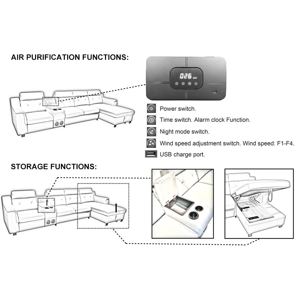 134.6" White Power Reclining Sectional Sofa Pull Out Bed Cup Holder & Speaker & Storage