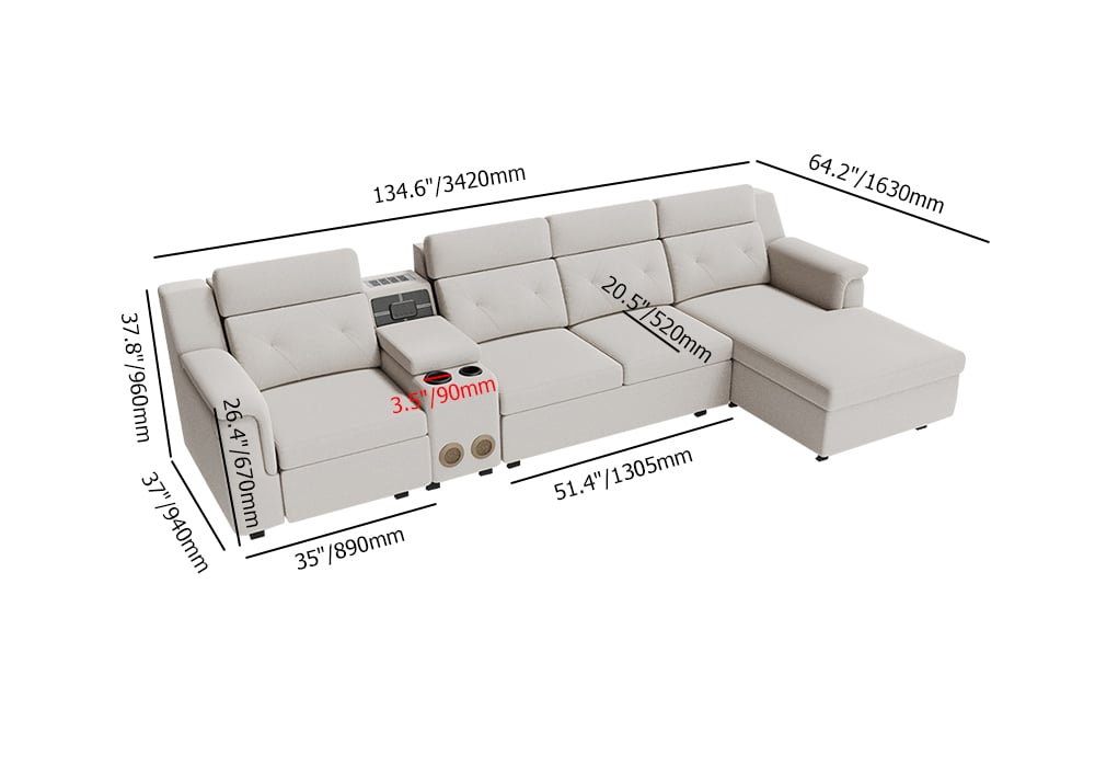 122.4" White Faux Leather Power Reclining Sectional Sofa Adjustable Headrest L-Shaped