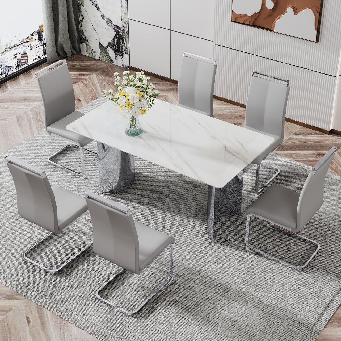 Contemporary White Imitation Marble Glass Dining Table - Stable Stainless Steel Legs for Stylish Dining Rooms